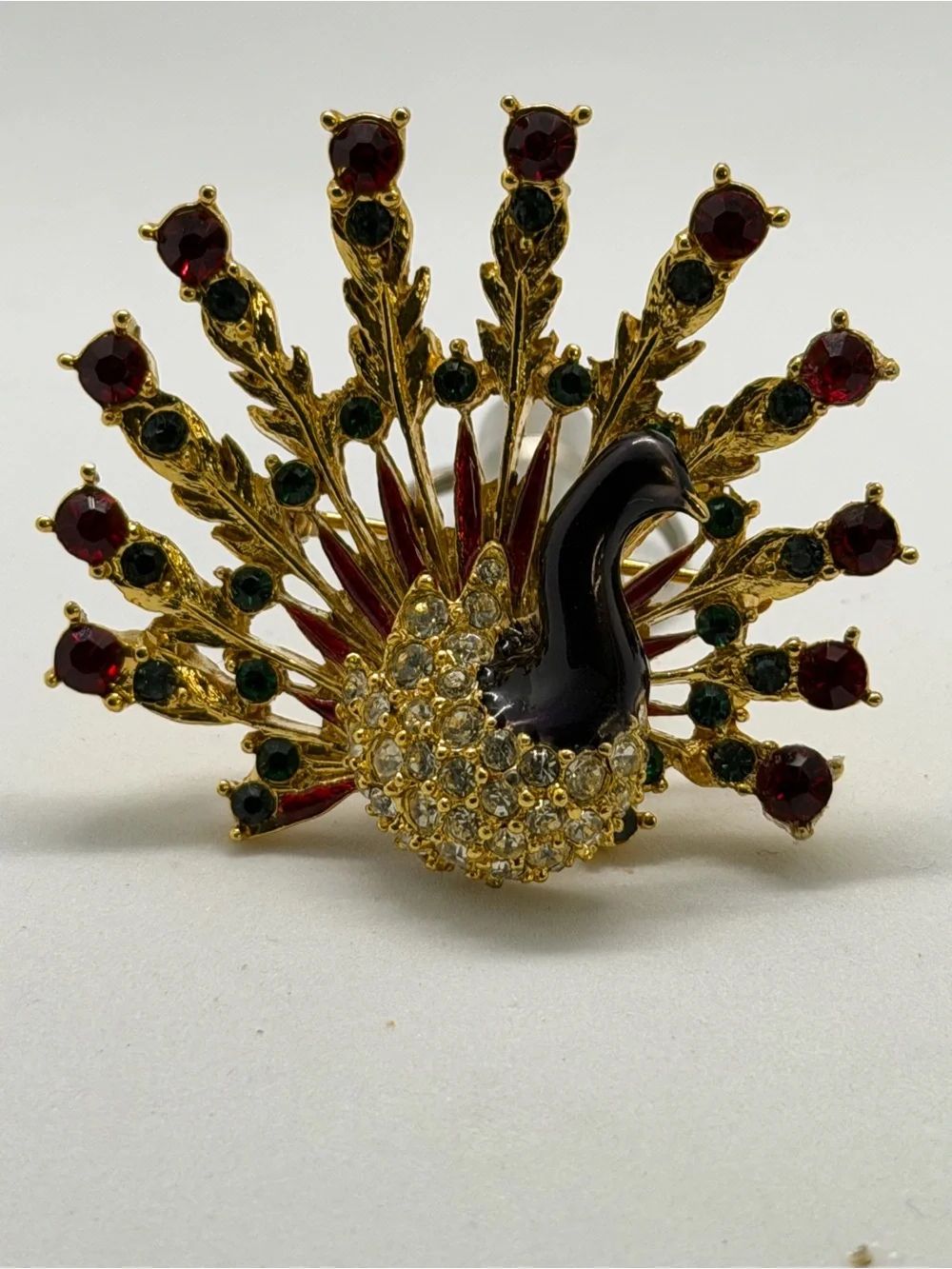 Vintage Signed Peacock Brooch 1.75” Gold Tone Rhinestone Enamel Pin Red Green St